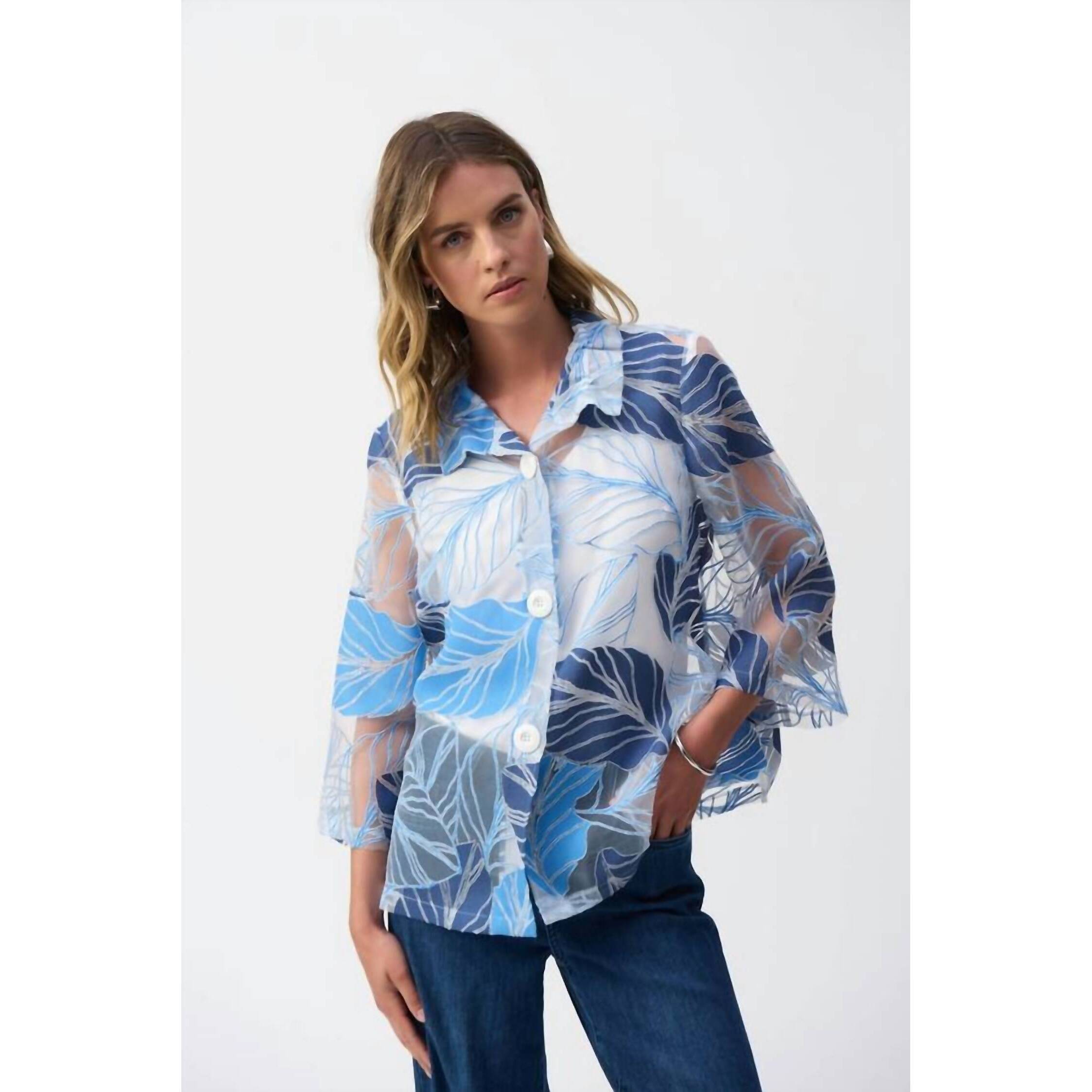 New Joseph Ribkoff Women's Novelty Leaf-Print Trapeze Jacket In Blue/Multi
